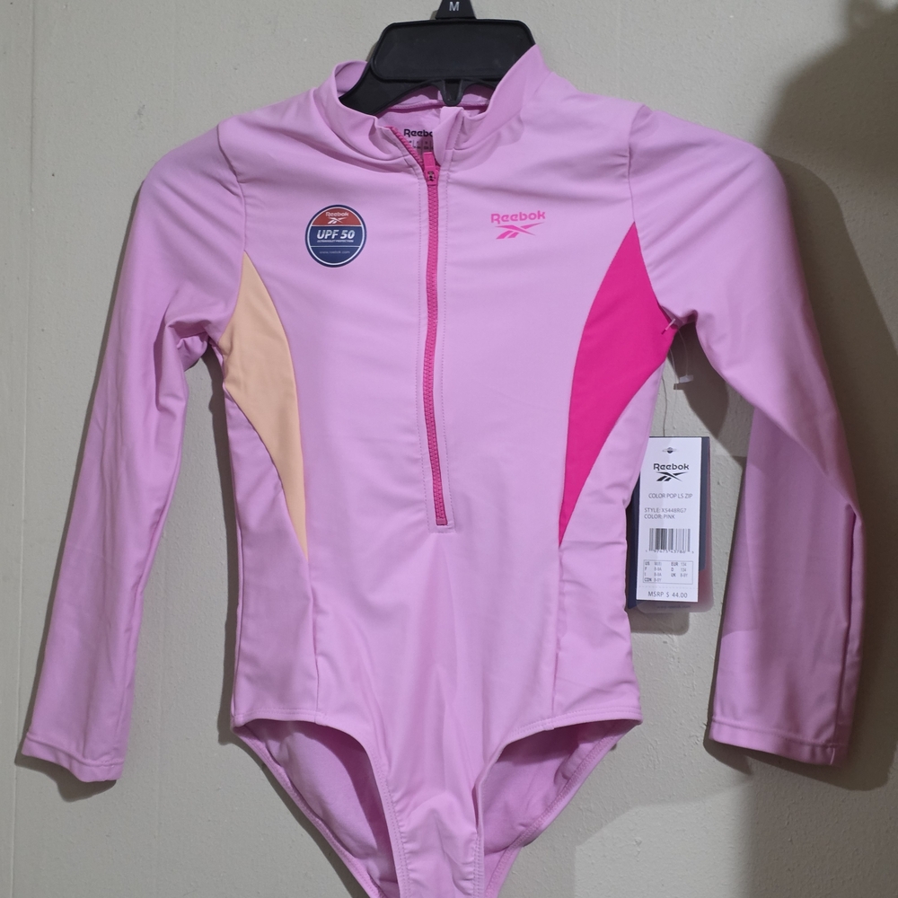 Reebok Girls' Pink UPF 50 Long Sleeve One-Piece Swim Suit